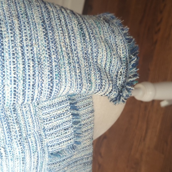 Etcetera Lux Blue Tweed Fringed Cropped Shorter 3/4 Jacket Blazer Sz 6 - Picture 5 of 12